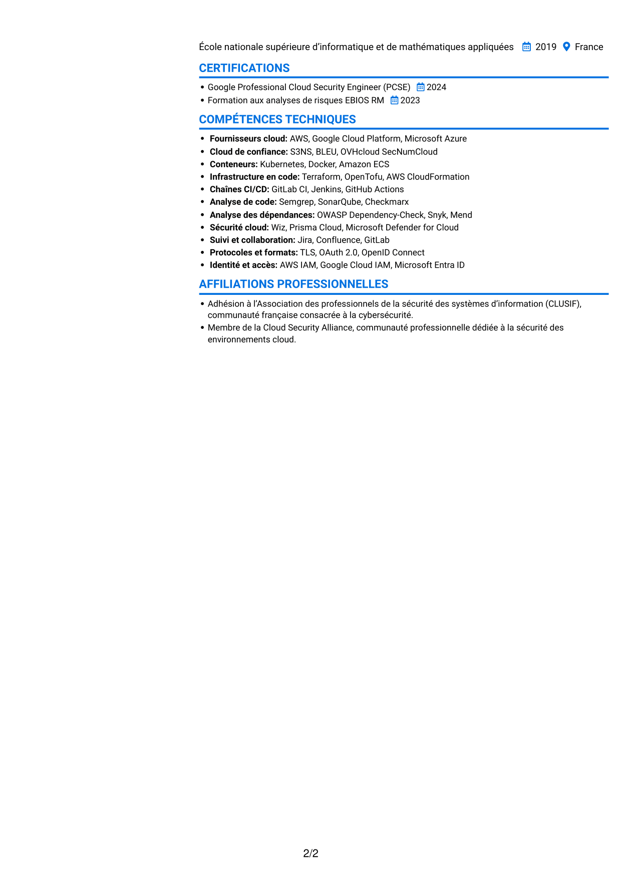 CV Audacieux (format à deux colonnes avec accents colorés et photo) : Référent cybersécurité cloud, page 2