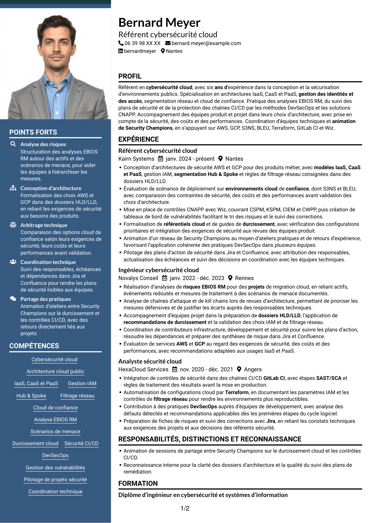 CV Signature (format à colonne latérale colorée avec grande photo) : Référent cybersécurité cloud, page 1