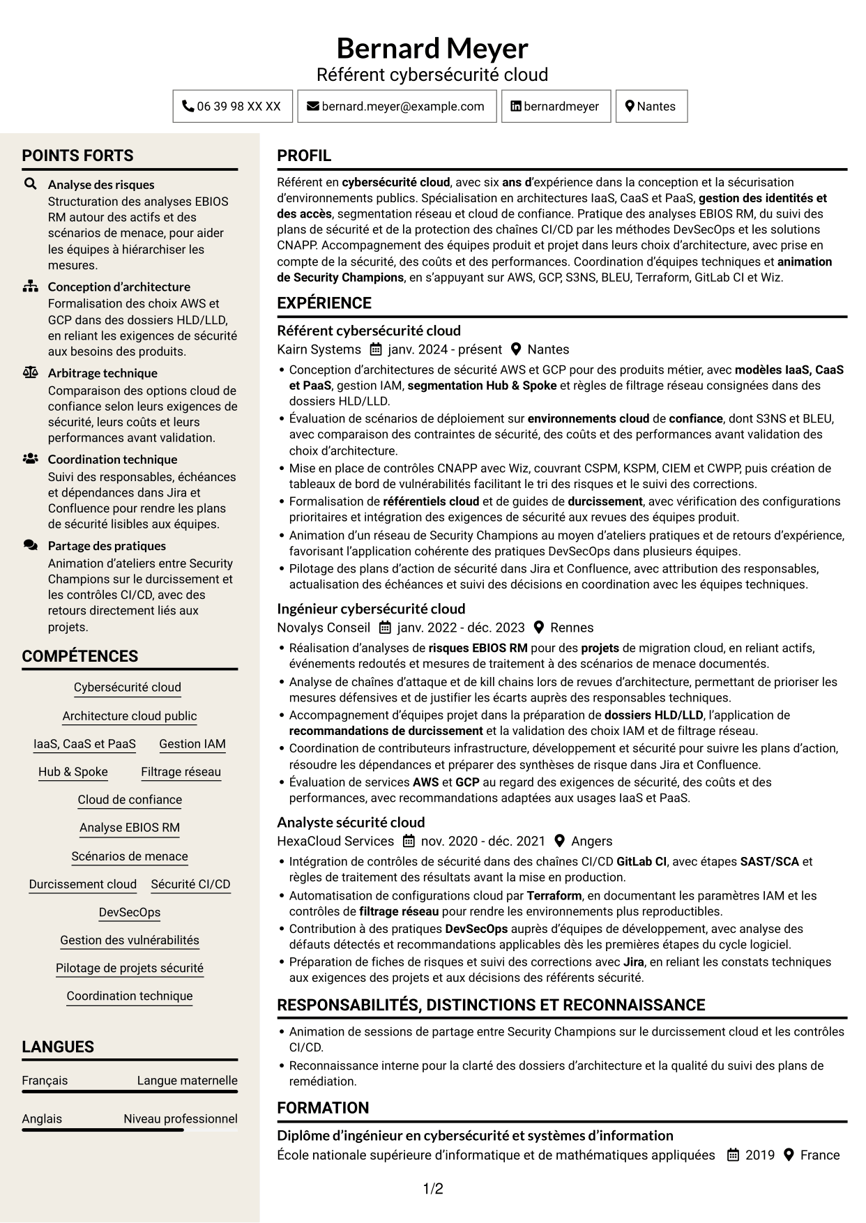 CV Fonceur (format à deux colonnes avec en-tête centré sans photo) : Référent cybersécurité cloud, page 1
