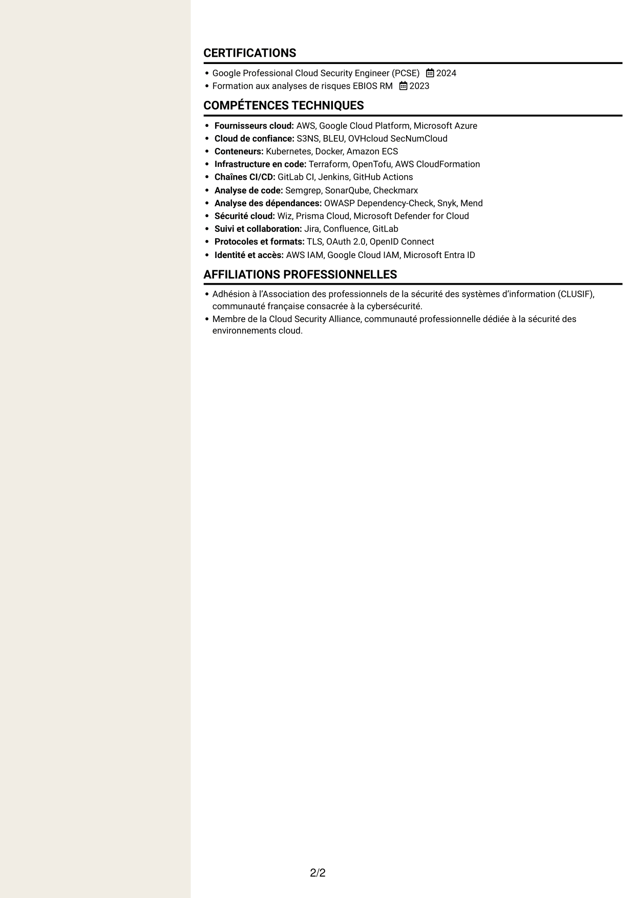 CV Fonceur (format à deux colonnes avec en-tête centré sans photo) : Référent cybersécurité cloud, page 2