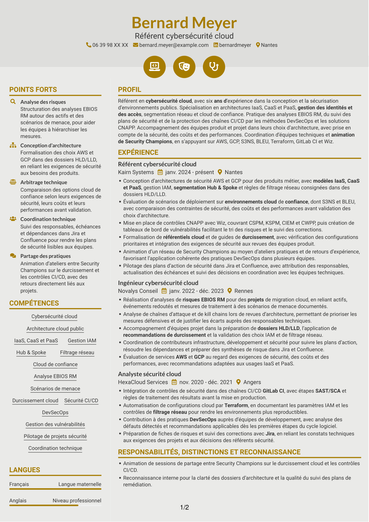 CV Dynamique (format à deux colonnes avec icônes) : Référent cybersécurité cloud, page 1