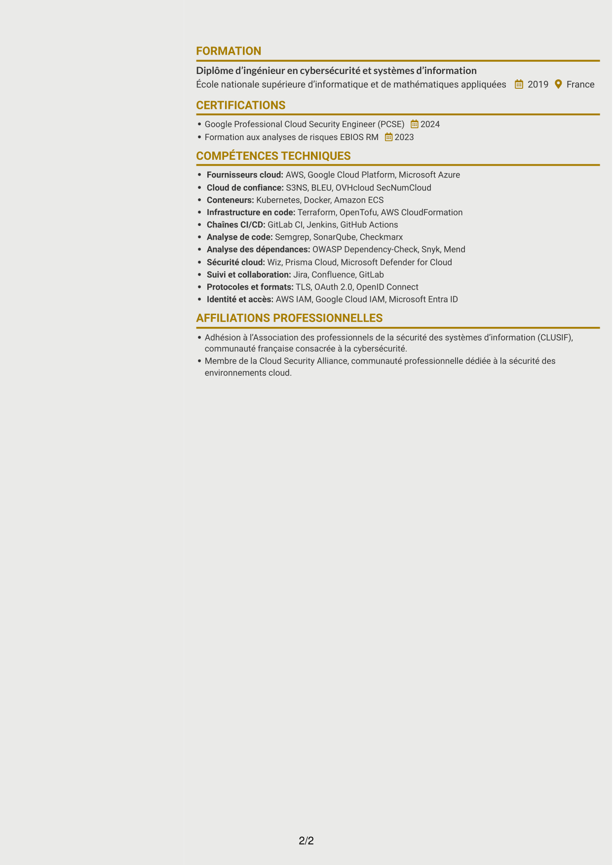 CV Dynamique (format à deux colonnes avec icônes) : Référent cybersécurité cloud, page 2