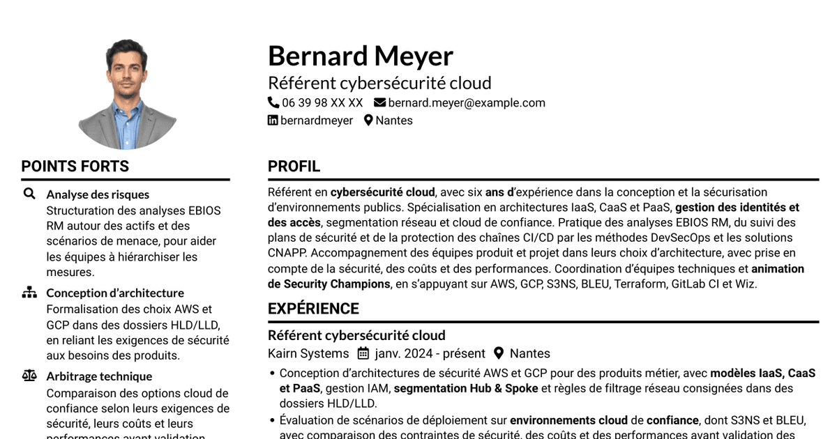 7 modèles de CV pour Référent cybersécurité cloud, avec exemples