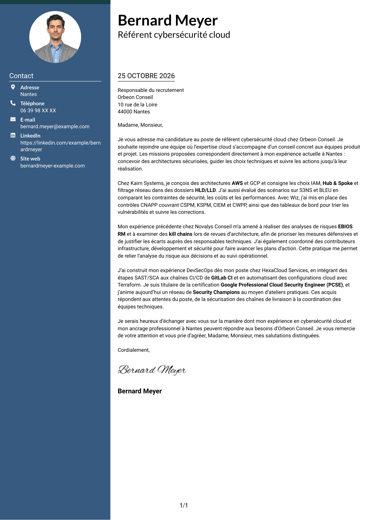 Lettre de motivation Élégant (format à colonne latérale colorée avec photo) : Référent cybersécurité cloud, page 1