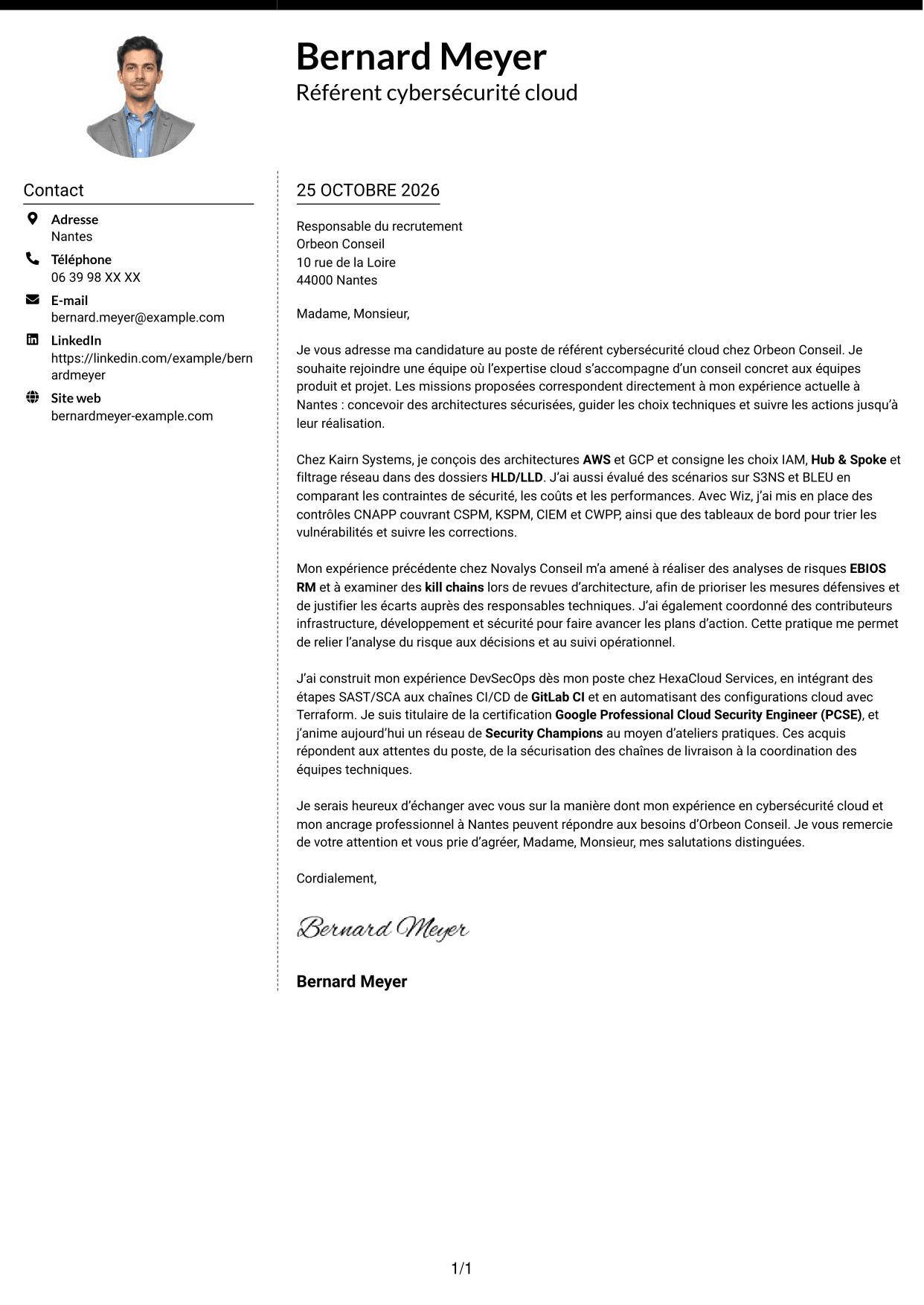 Lettre de motivation Moderne (format à deux colonnes avec photo à gauche et séparateur) : Référent cybersécurité cloud, page 1