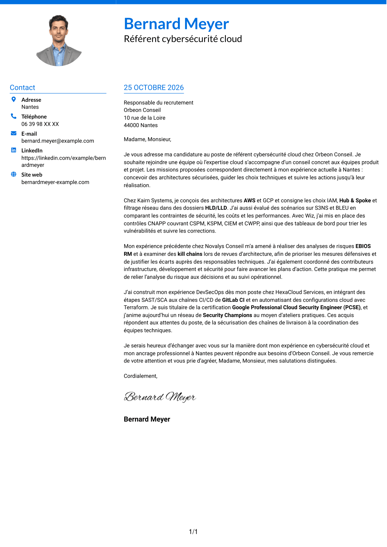 Lettre de motivation Audacieux (format à deux colonnes avec accents colorés et photo) : Référent cybersécurité cloud, page 1
