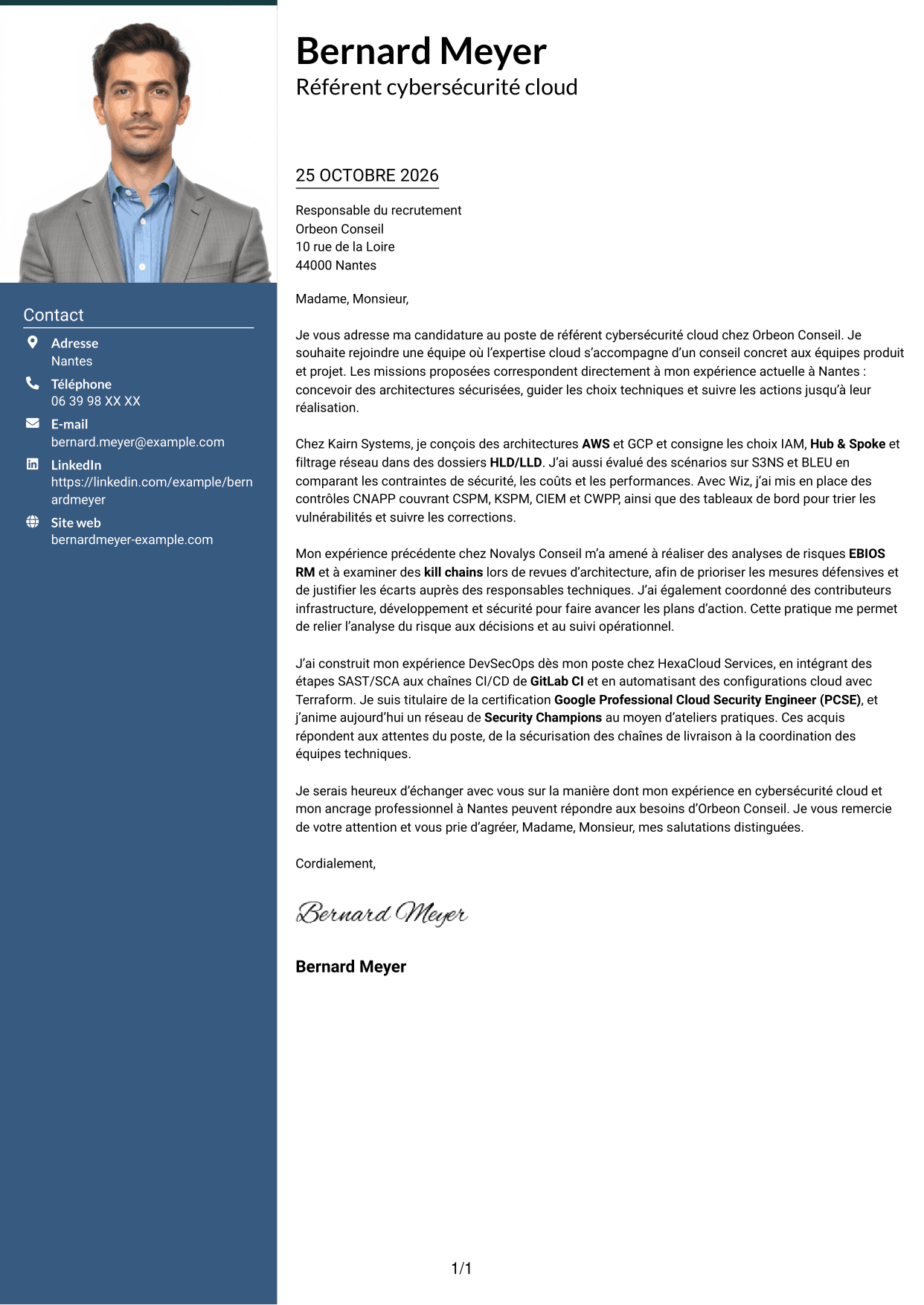 Lettre de motivation Signature (format à colonne latérale colorée avec grande photo) : Référent cybersécurité cloud, page 1