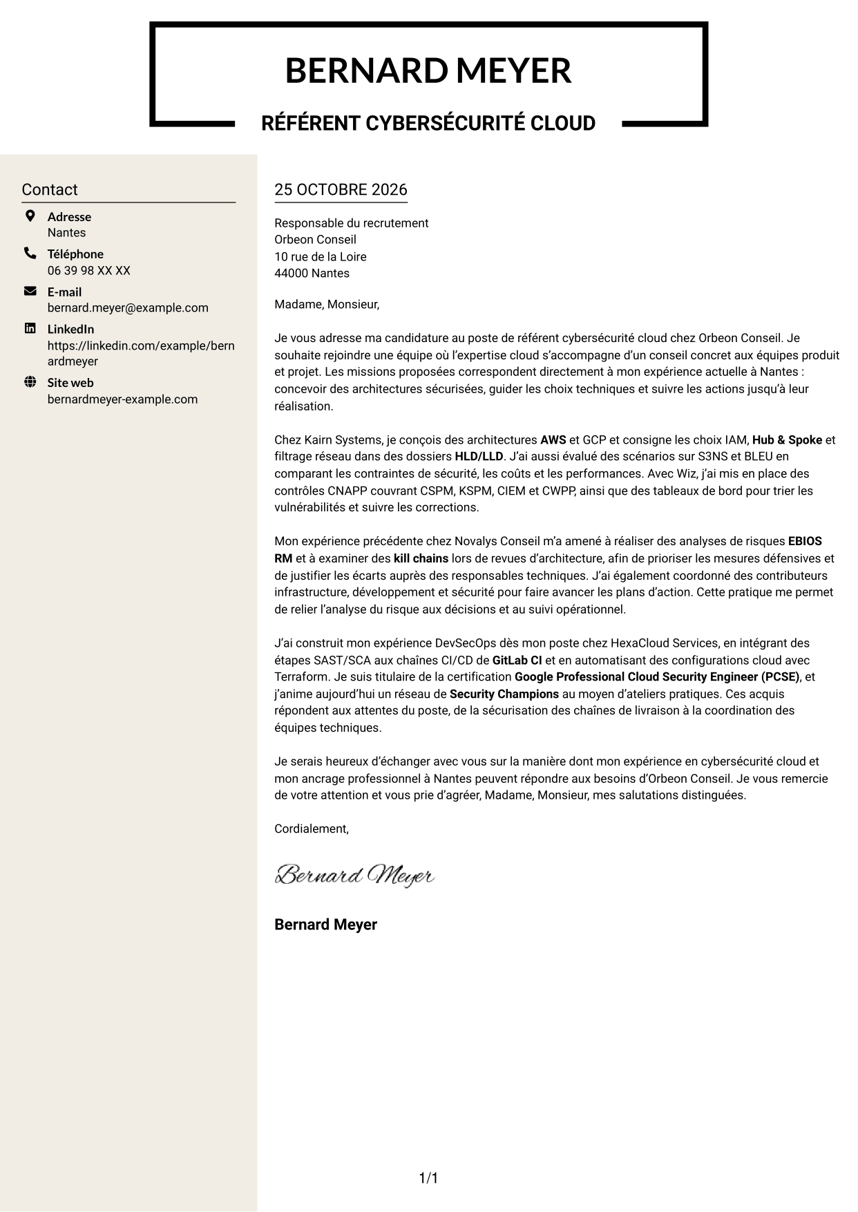 Lettre de motivation Fonceur (format à deux colonnes avec en-tête centré sans photo) : Référent cybersécurité cloud, page 1