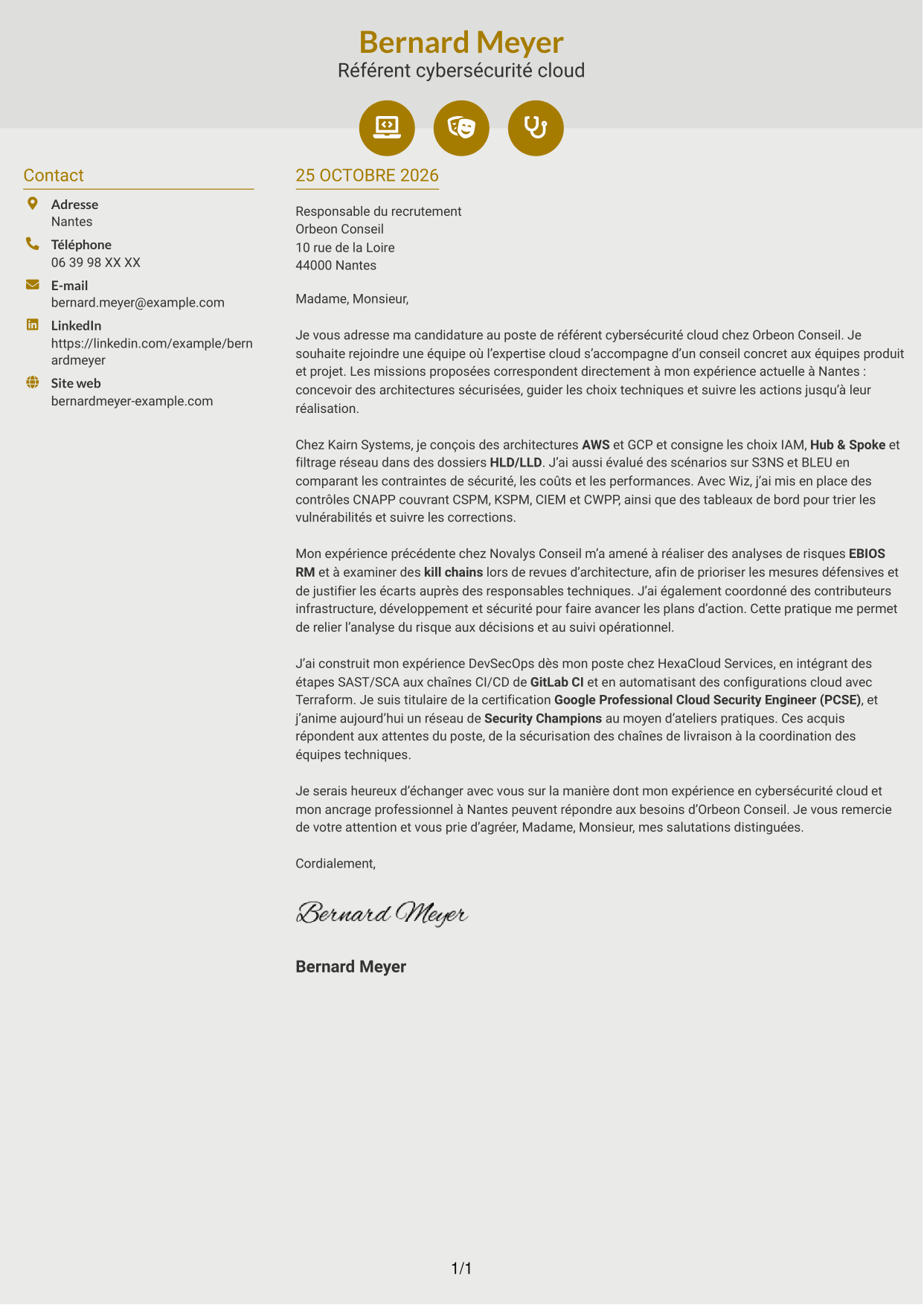 Lettre de motivation Dynamique (format à deux colonnes avec icônes) : Référent cybersécurité cloud, page 1