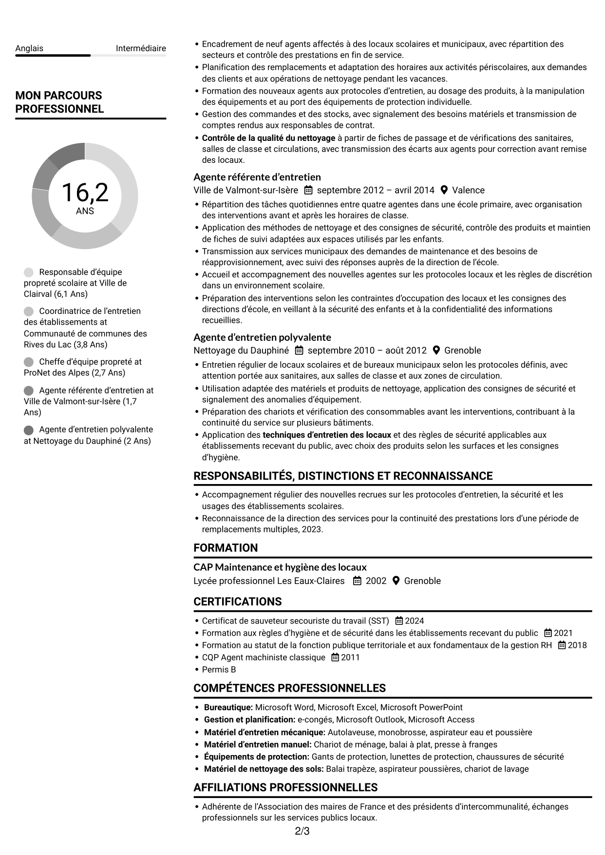 CV Compact (format sobre à deux colonnes avec photo) : Référente des agents d’entretien des écoles, page 2