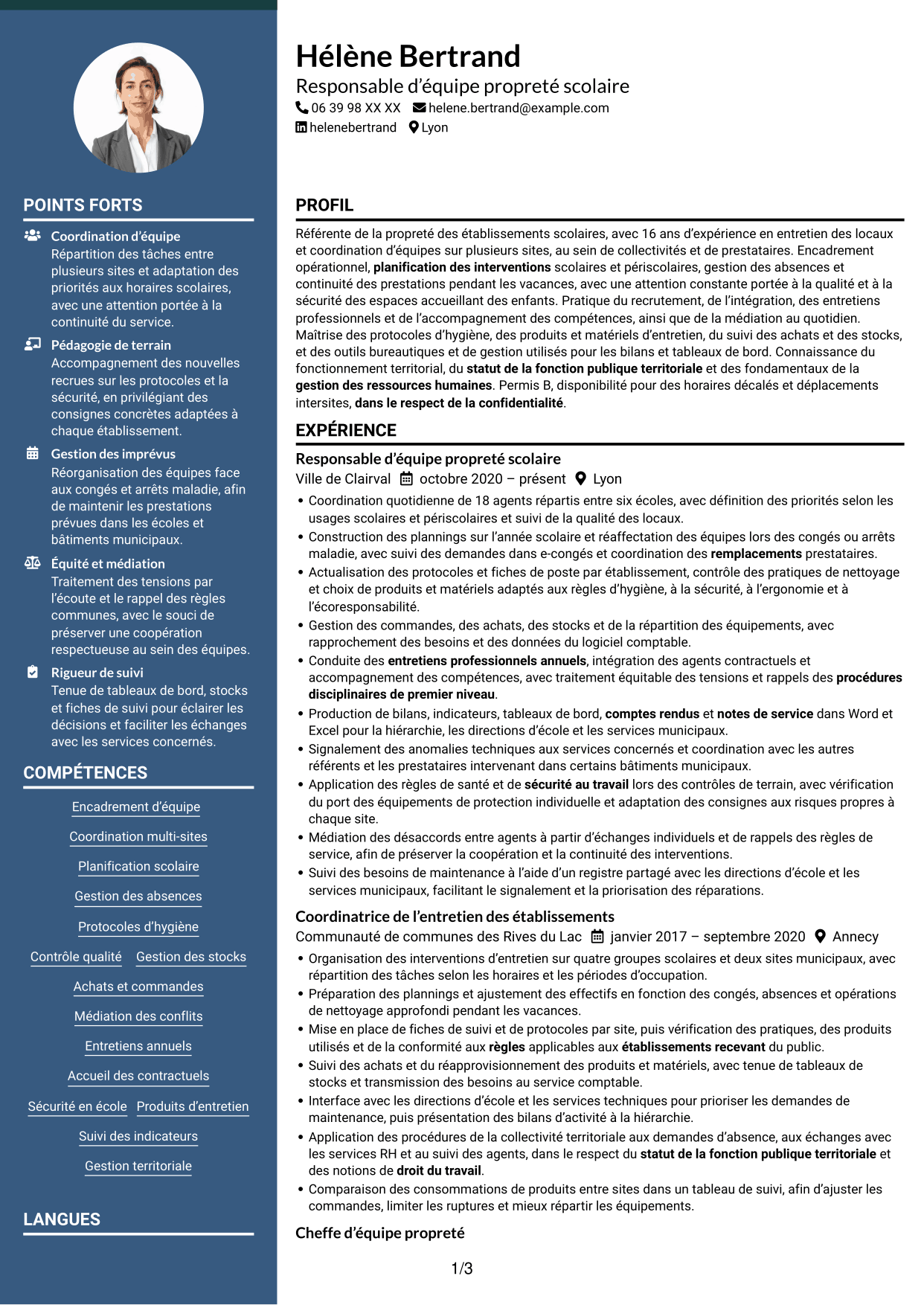 CV Élégant (format à colonne latérale colorée avec photo) : Référente des agents d’entretien des écoles, page 1