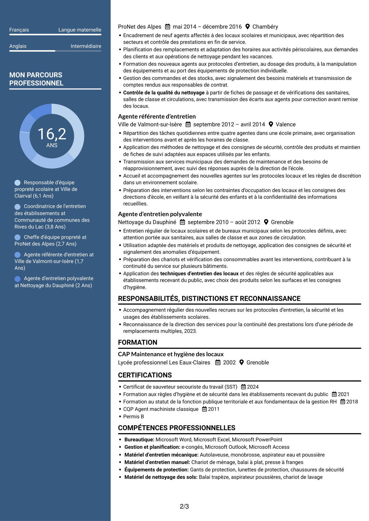 CV Élégant (format à colonne latérale colorée avec photo) : Référente des agents d’entretien des écoles, page 2
