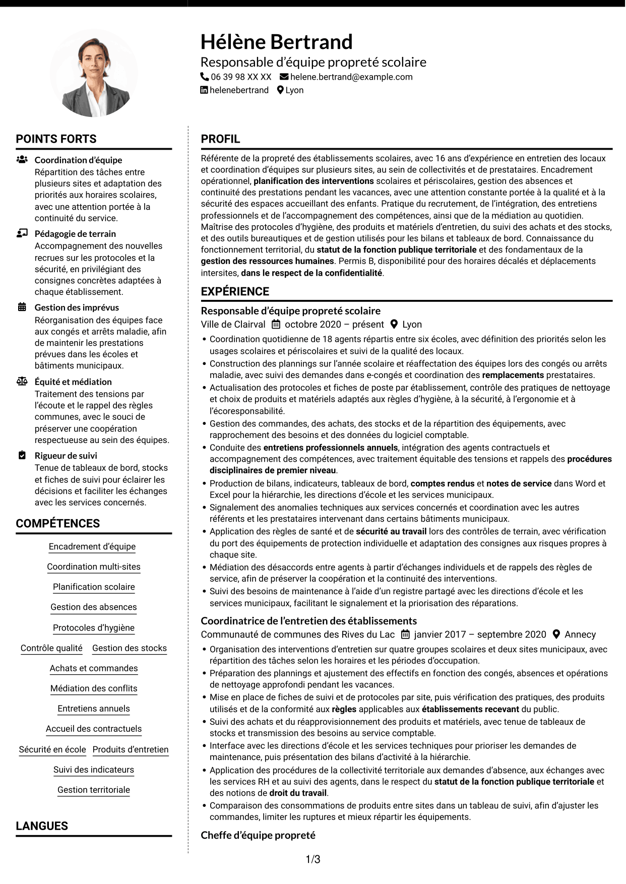 CV Moderne (format à deux colonnes avec photo à gauche et séparateur) : Référente des agents d’entretien des écoles, page 1