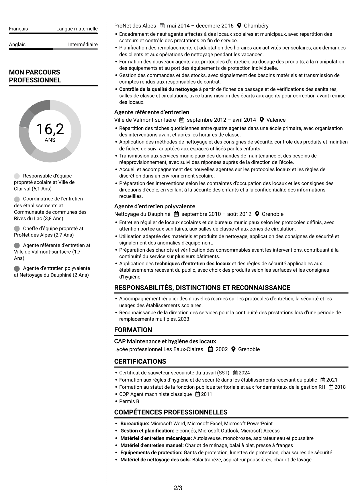 CV Moderne (format à deux colonnes avec photo à gauche et séparateur) : Référente des agents d’entretien des écoles, page 2