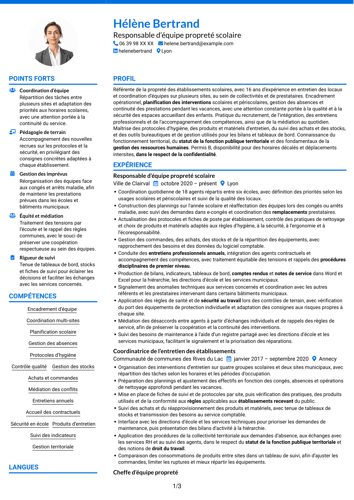 CV Audacieux (format à deux colonnes avec accents colorés et photo) : Référente des agents d’entretien des écoles, page 1