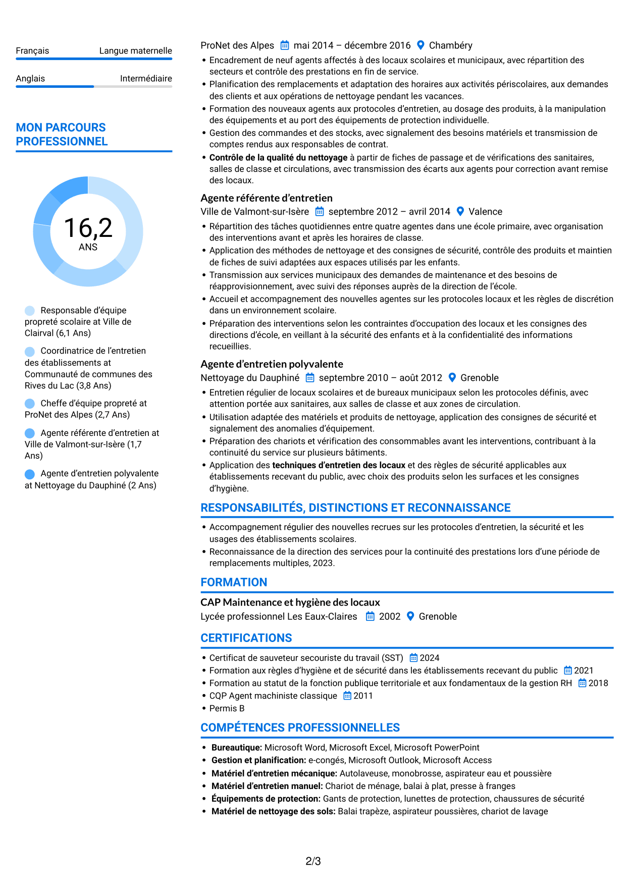 CV Audacieux (format à deux colonnes avec accents colorés et photo) : Référente des agents d’entretien des écoles, page 2
