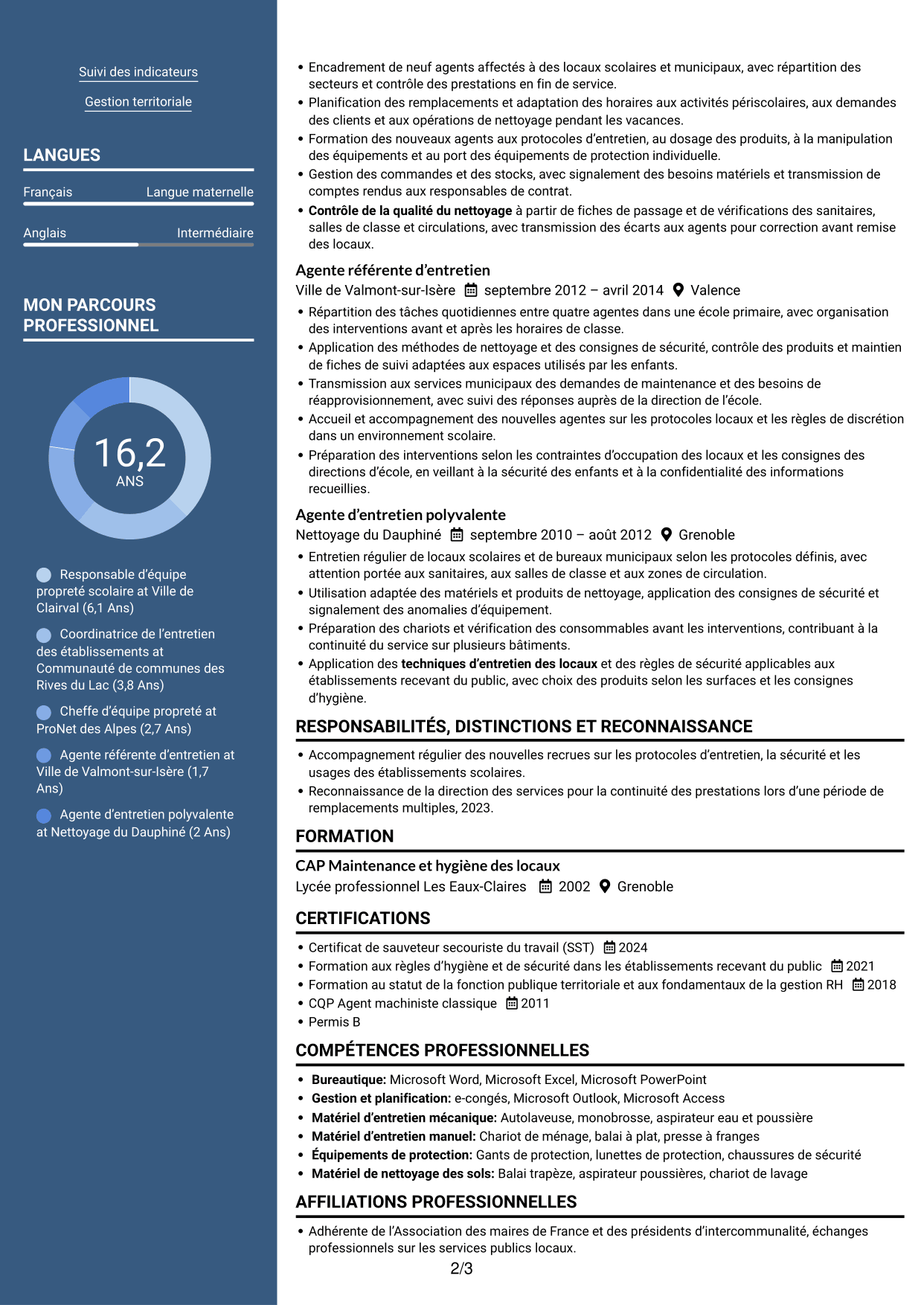 CV Signature (format à colonne latérale colorée avec grande photo) : Référente des agents d’entretien des écoles, page 2