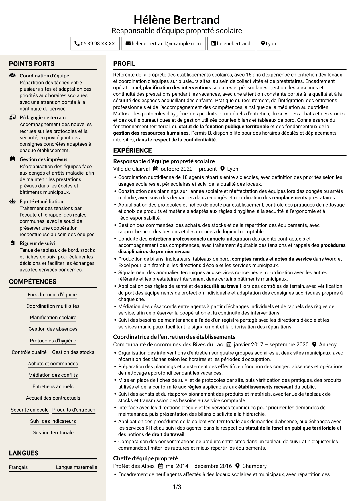 CV Fonceur (format à deux colonnes avec en-tête centré sans photo) : Référente des agents d’entretien des écoles, page 1