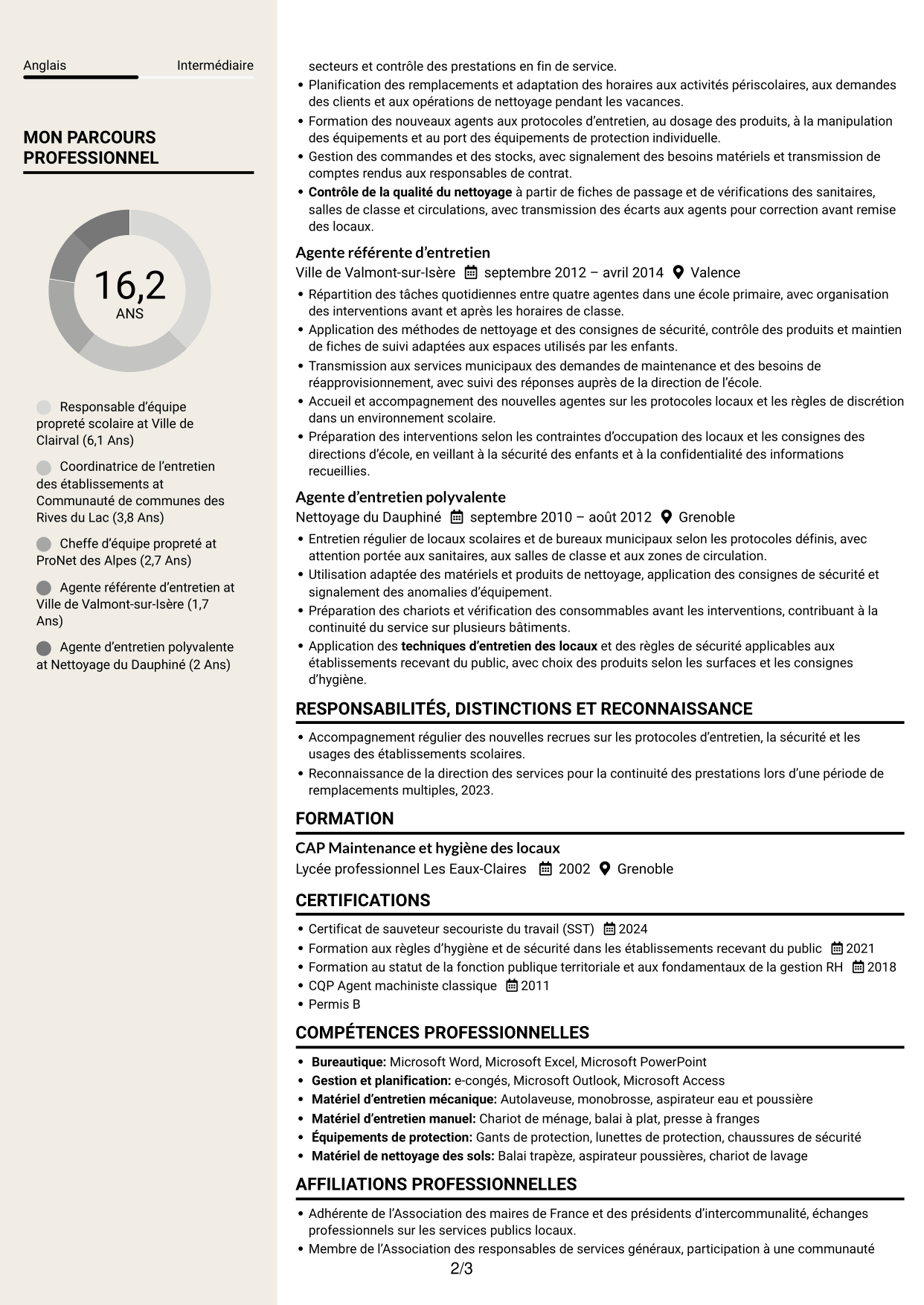 CV Fonceur (format à deux colonnes avec en-tête centré sans photo) : Référente des agents d’entretien des écoles, page 2