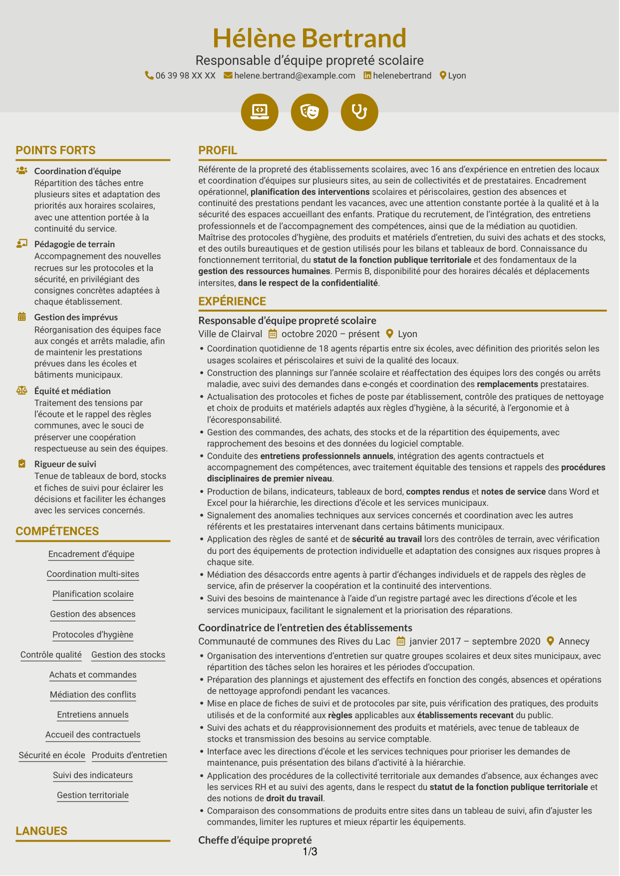 CV Dynamique (format à deux colonnes avec icônes) : Référente des agents d’entretien des écoles, page 1