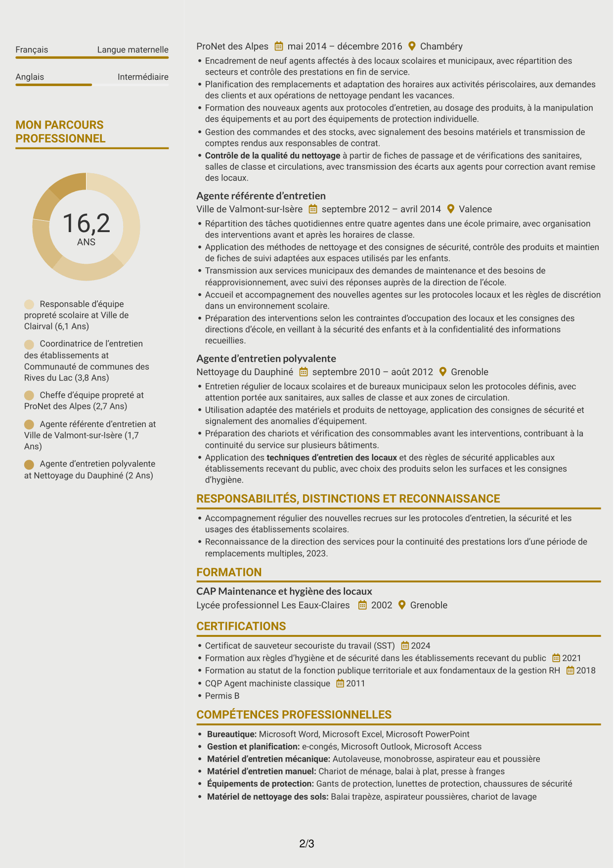 CV Dynamique (format à deux colonnes avec icônes) : Référente des agents d’entretien des écoles, page 2