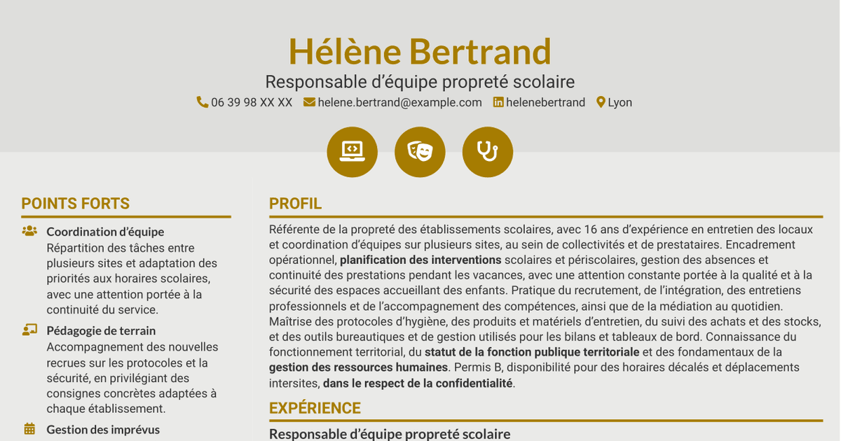 7 modèles de CV pour Référente des agents d’entretien des écoles, avec exemples