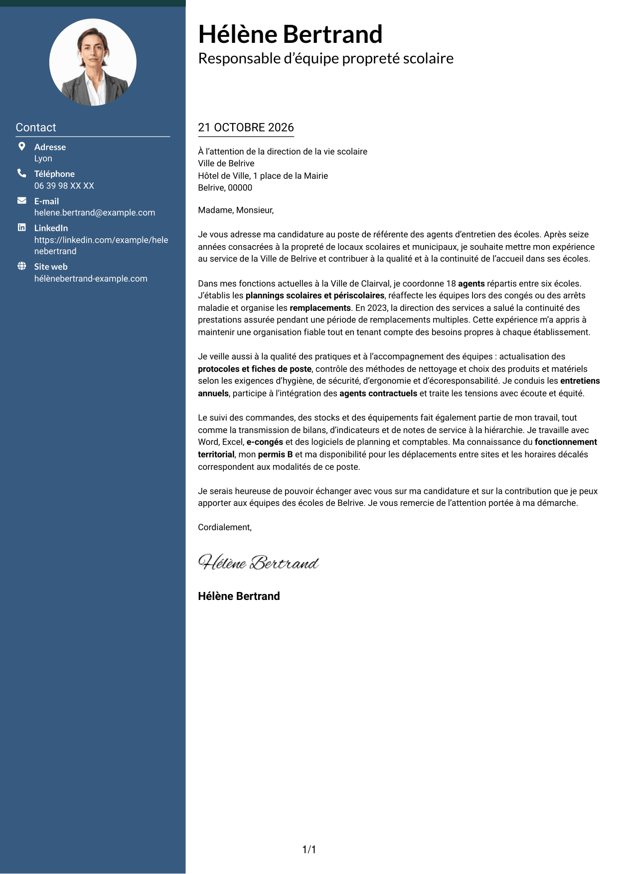 Lettre de motivation Élégant (format à colonne latérale colorée avec photo) : Référente des agents d’entretien des écoles, page 1