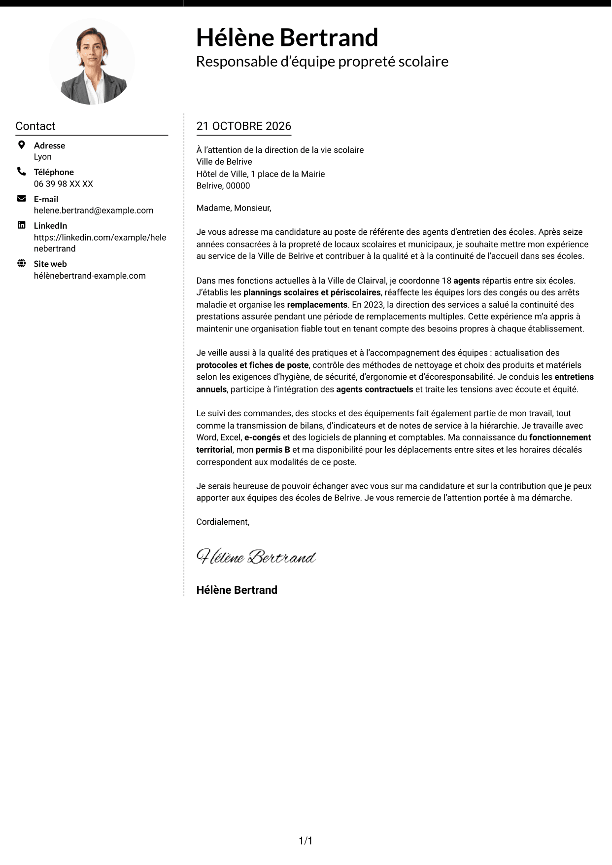 Lettre de motivation Moderne (format à deux colonnes avec photo à gauche et séparateur) : Référente des agents d’entretien des écoles, page 1