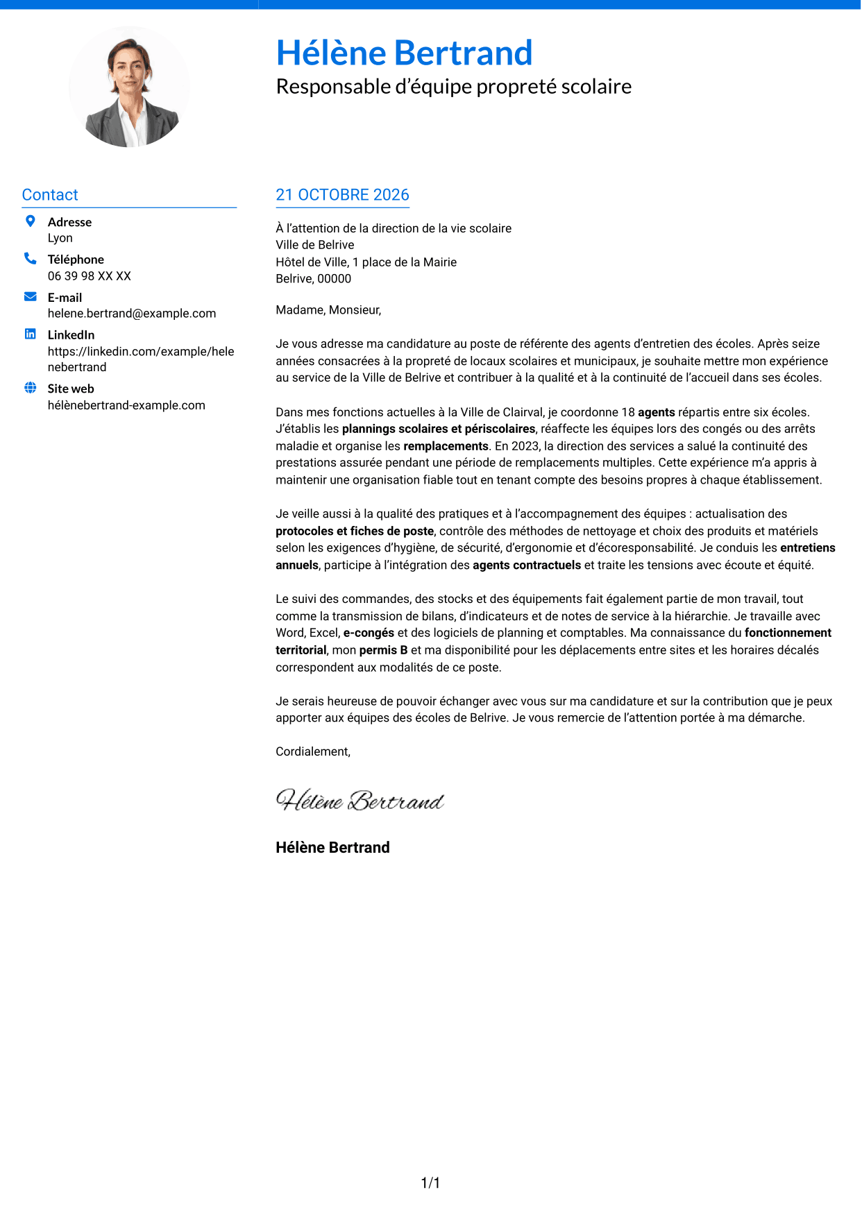 Lettre de motivation Audacieux (format à deux colonnes avec accents colorés et photo) : Référente des agents d’entretien des écoles, page 1