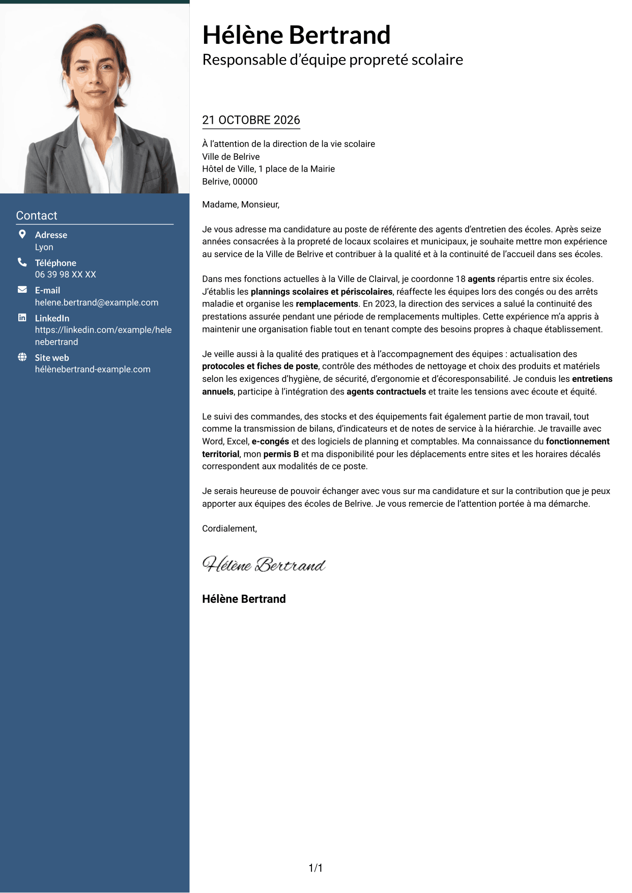 Lettre de motivation Signature (format à colonne latérale colorée avec grande photo) : Référente des agents d’entretien des écoles, page 1