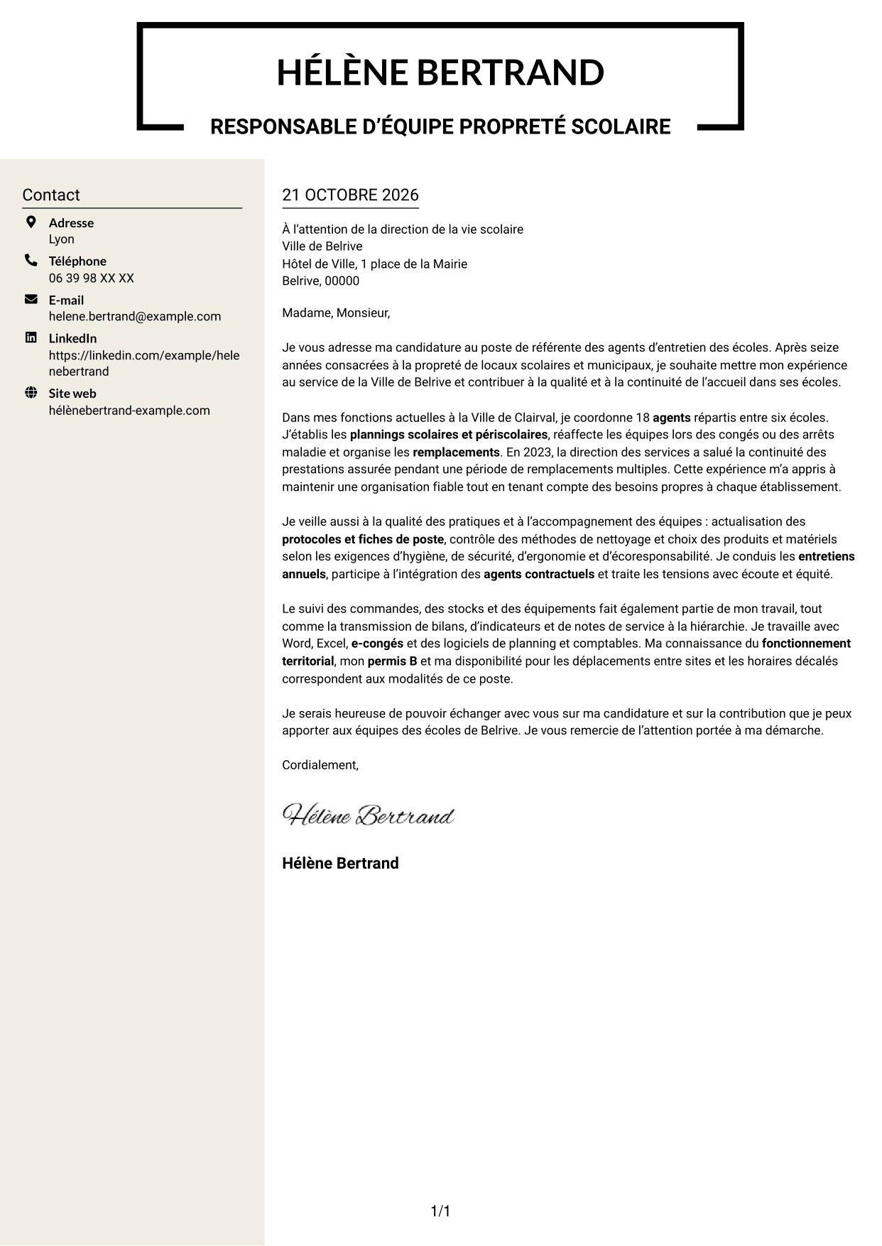 Lettre de motivation Fonceur (format à deux colonnes avec en-tête centré sans photo) : Référente des agents d’entretien des écoles, page 1