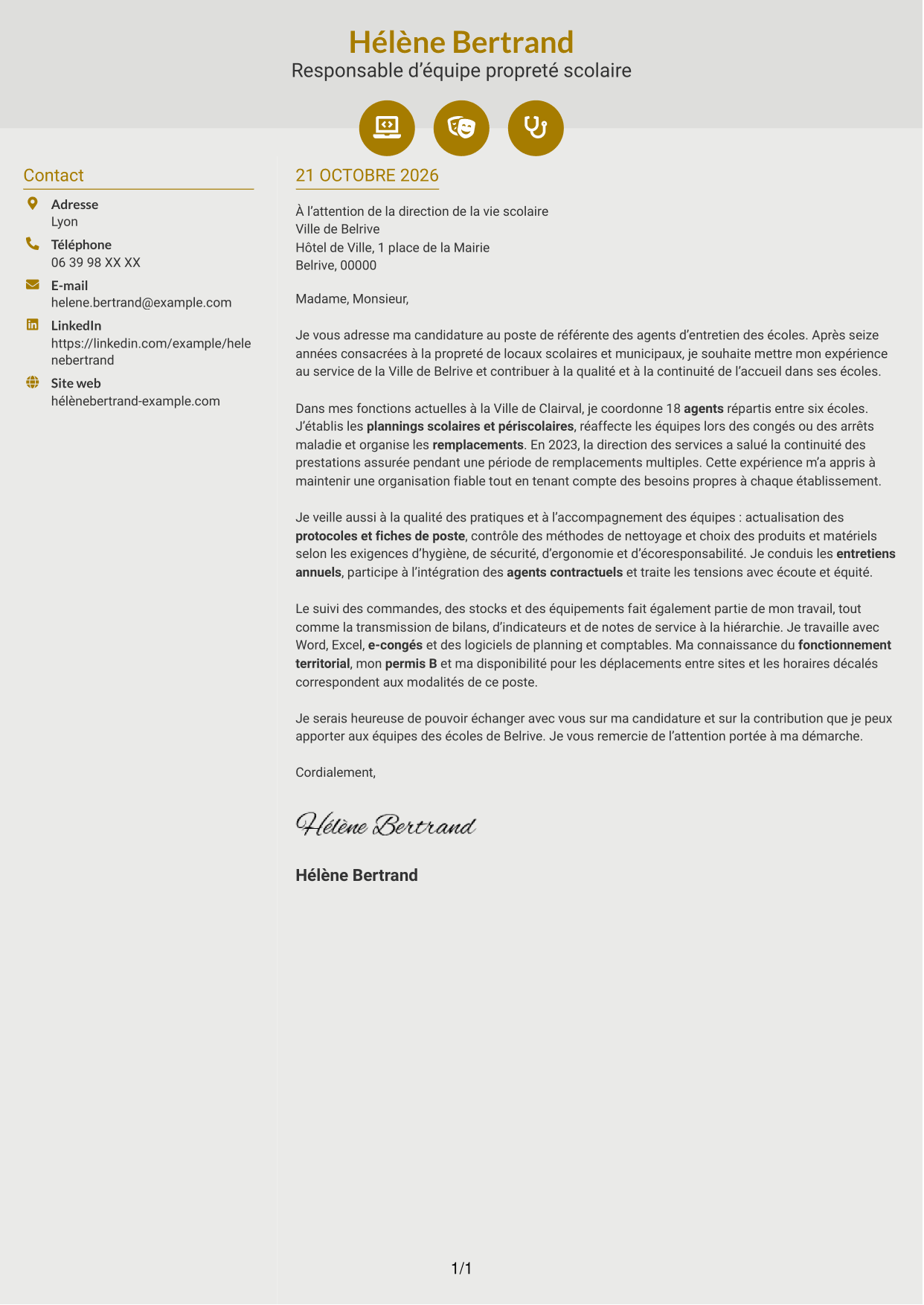 Lettre de motivation Dynamique (format à deux colonnes avec icônes) : Référente des agents d’entretien des écoles, page 1