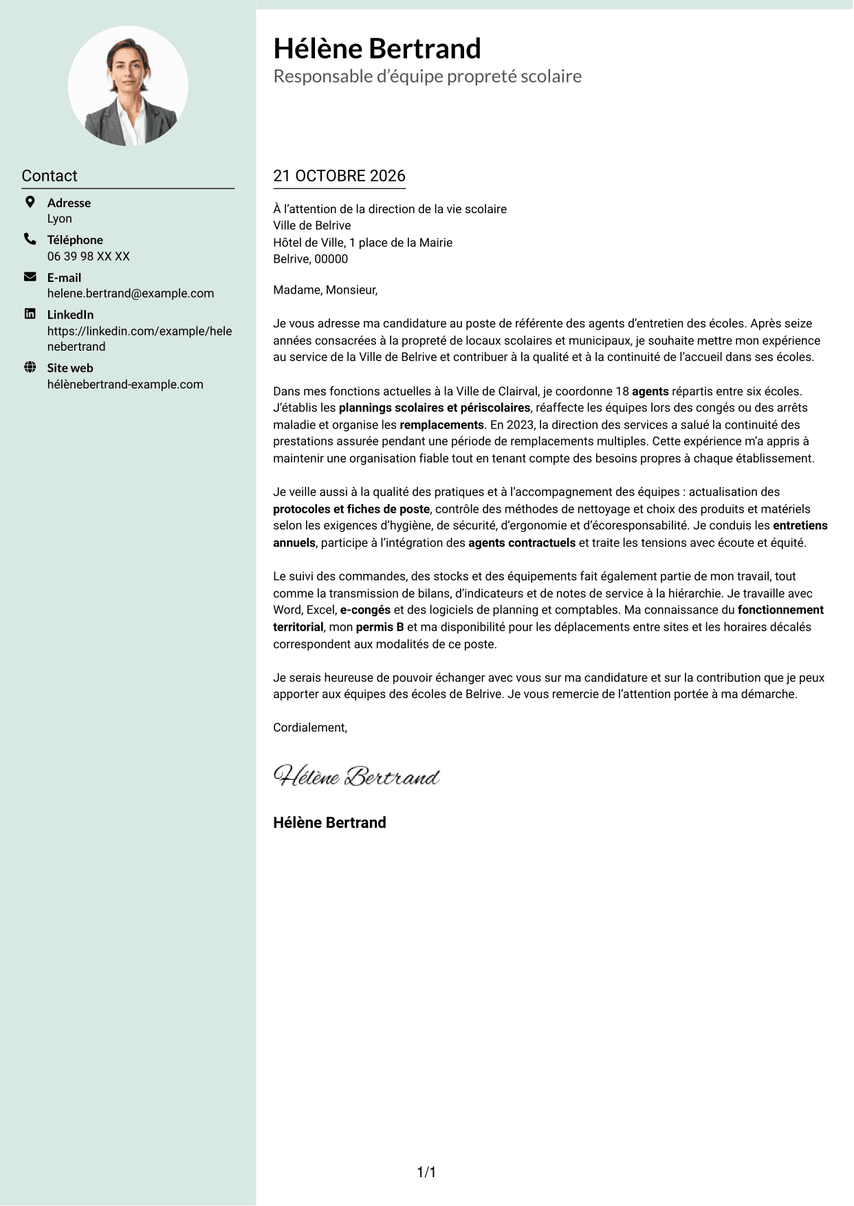 Lettre de motivation Cadre (format à colonne latérale douce avec photo arrondie) : Référente des agents d’entretien des écoles, page 1