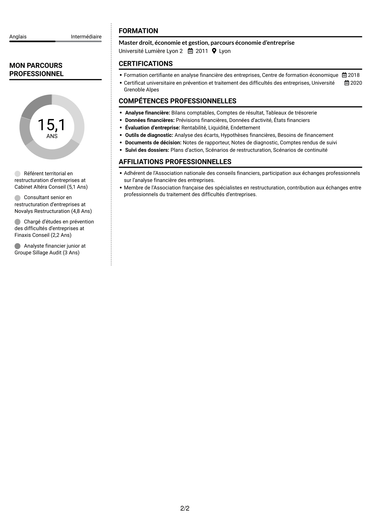 CV Moderne (format à deux colonnes avec photo à gauche et séparateur) : Rapporteur territorial - Restructuration d’entreprises, page 2