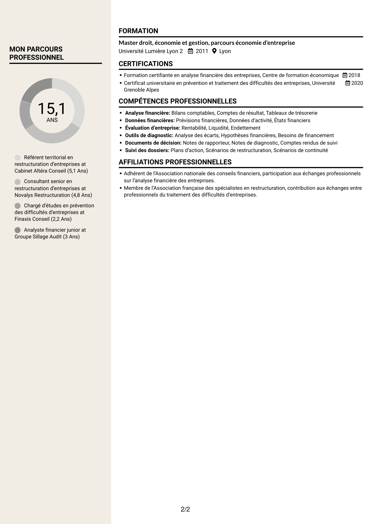 CV Fonceur (format à deux colonnes avec en-tête centré sans photo) : Rapporteur territorial - Restructuration d’entreprises, page 2