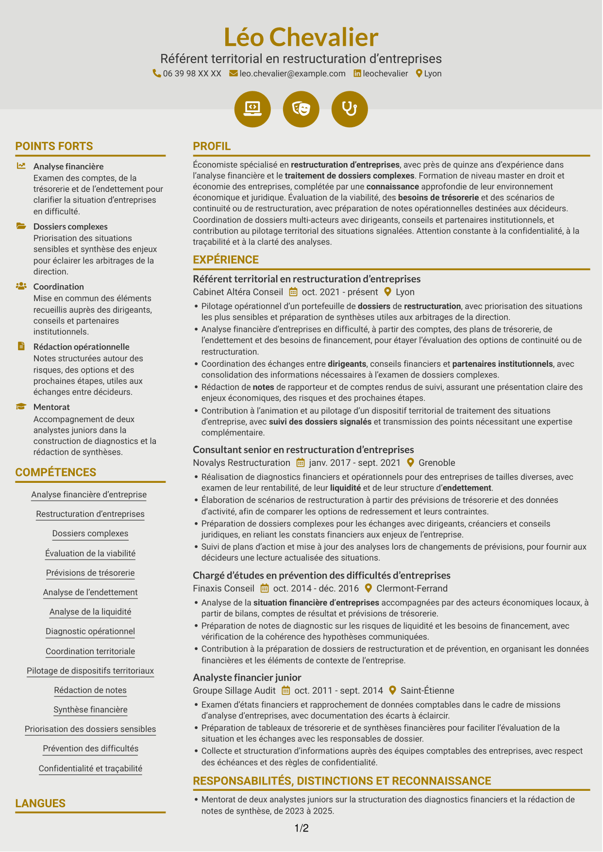 CV Dynamique (format à deux colonnes avec icônes) : Rapporteur territorial - Restructuration d’entreprises, page 1