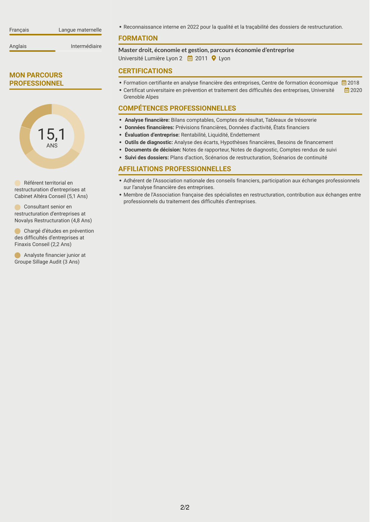 CV Dynamique (format à deux colonnes avec icônes) : Rapporteur territorial - Restructuration d’entreprises, page 2