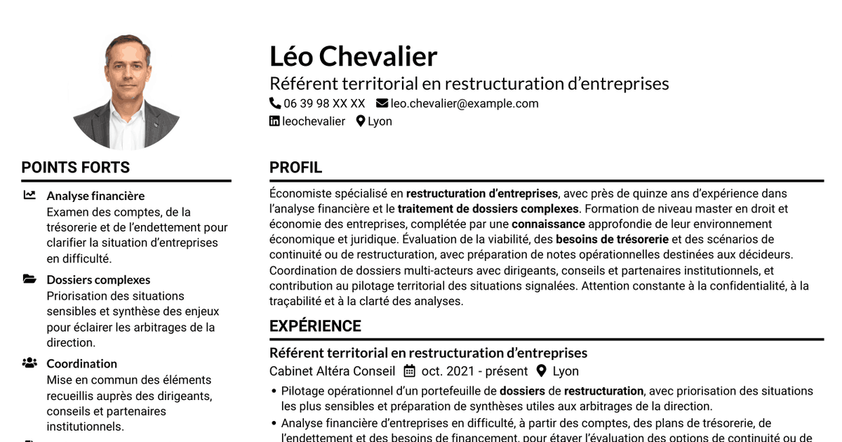 7 modèles de CV pour Rapporteur territorial - Restructuration d’entreprises, avec exemples