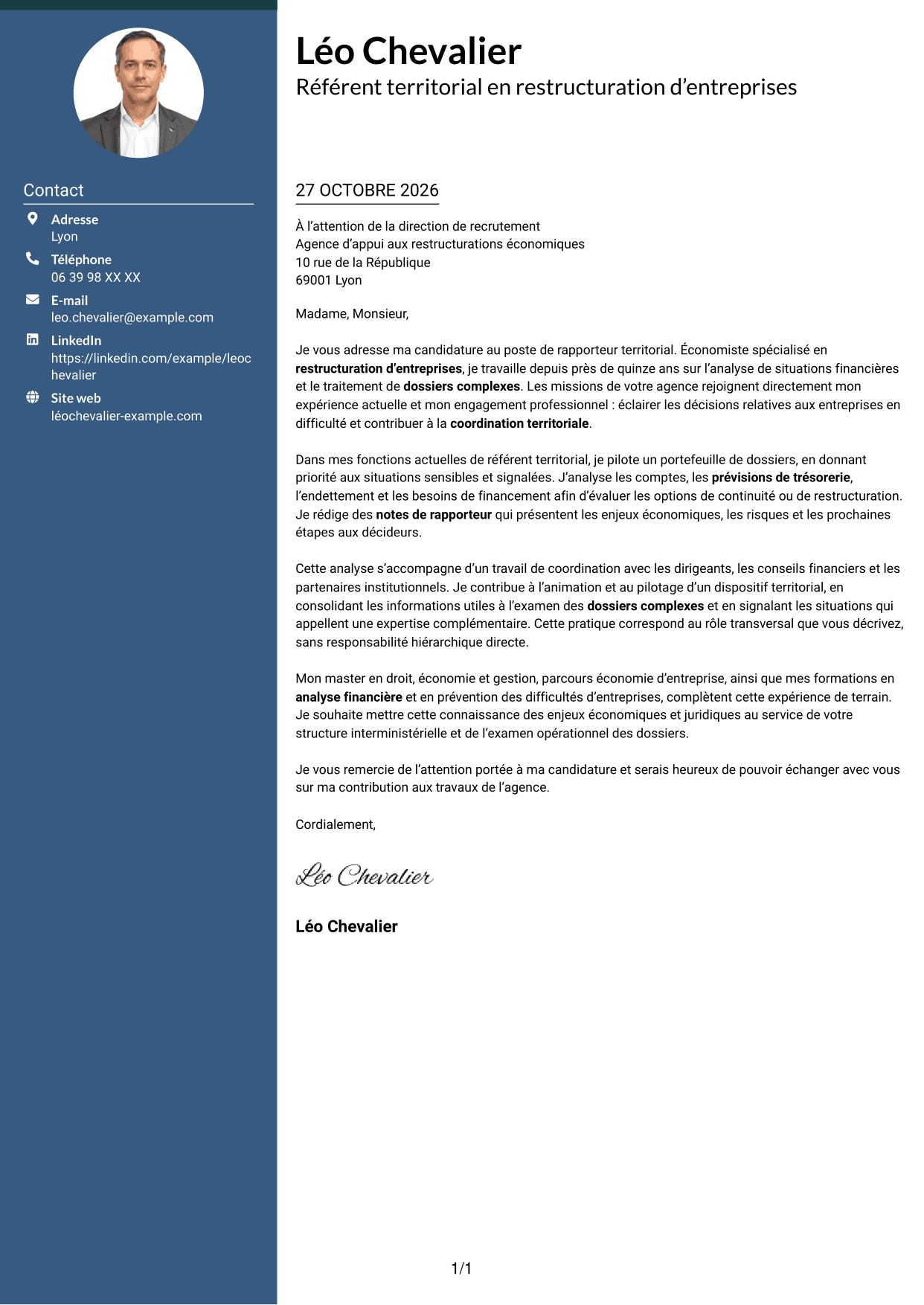 Lettre de motivation Élégant (format à colonne latérale colorée avec photo) : Rapporteur territorial - Restructuration d’entreprises, page 1