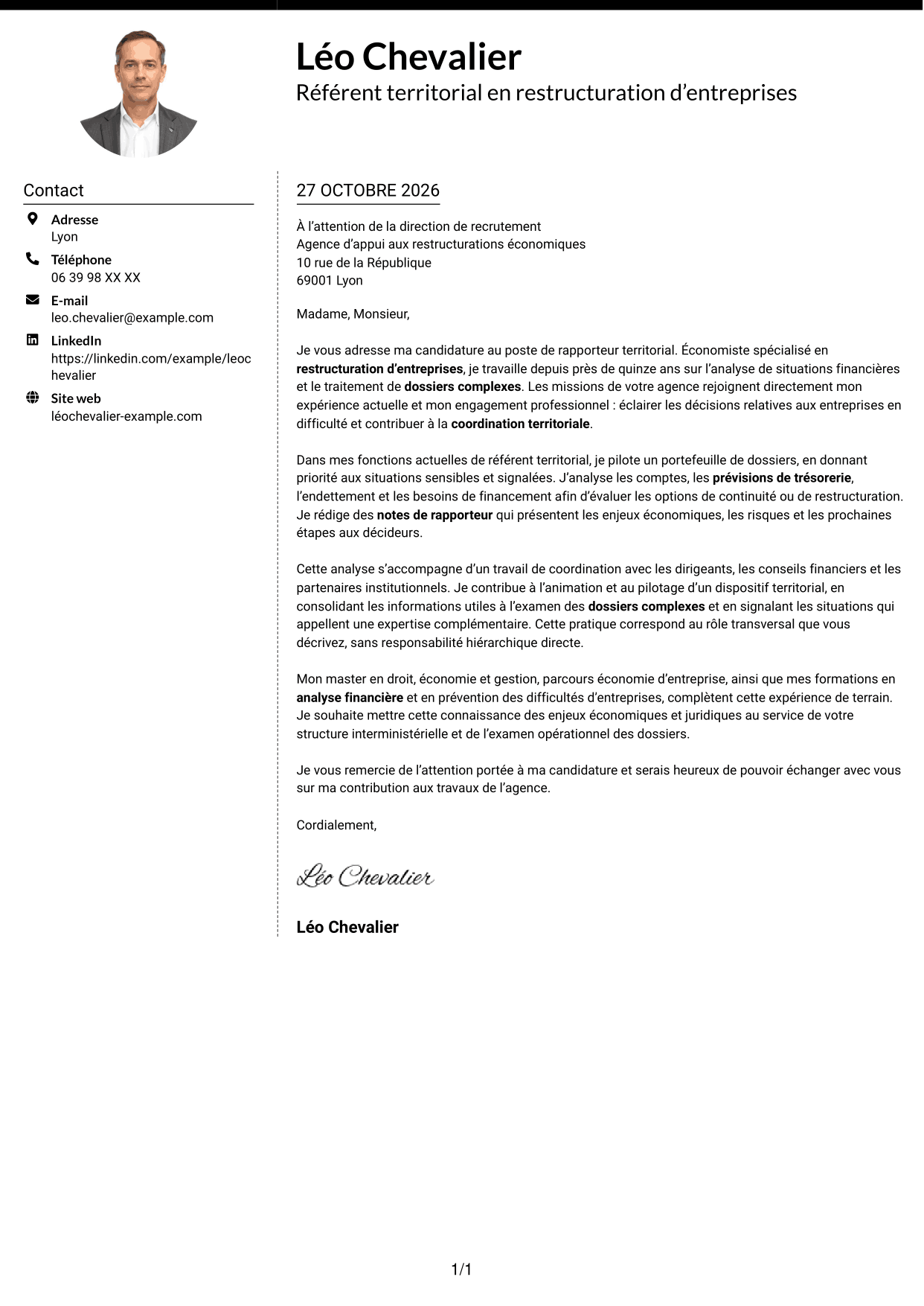 Lettre de motivation Moderne (format à deux colonnes avec photo à gauche et séparateur) : Rapporteur territorial - Restructuration d’entreprises, page 1