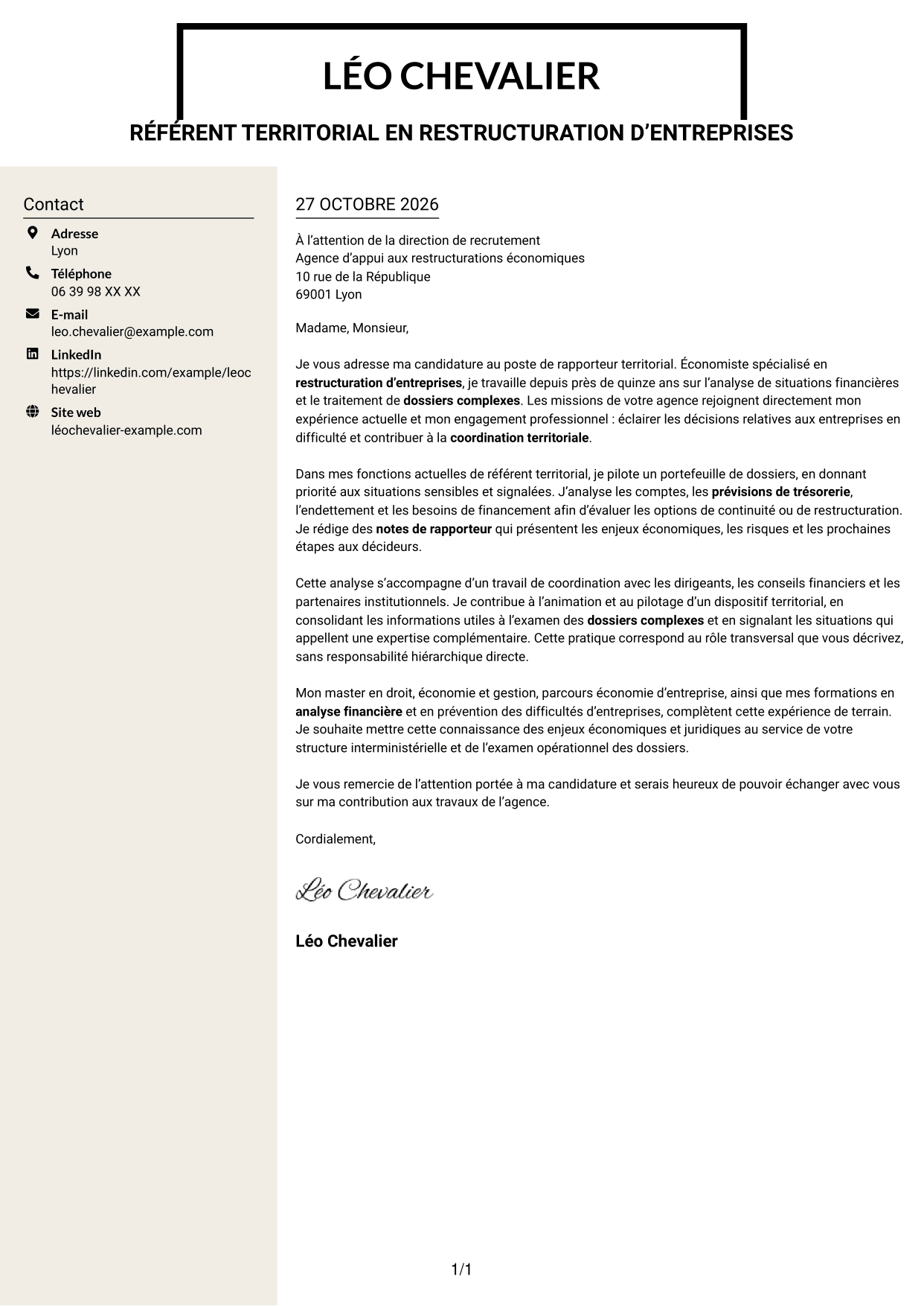 Lettre de motivation Fonceur (format à deux colonnes avec en-tête centré sans photo) : Rapporteur territorial - Restructuration d’entreprises, page 1