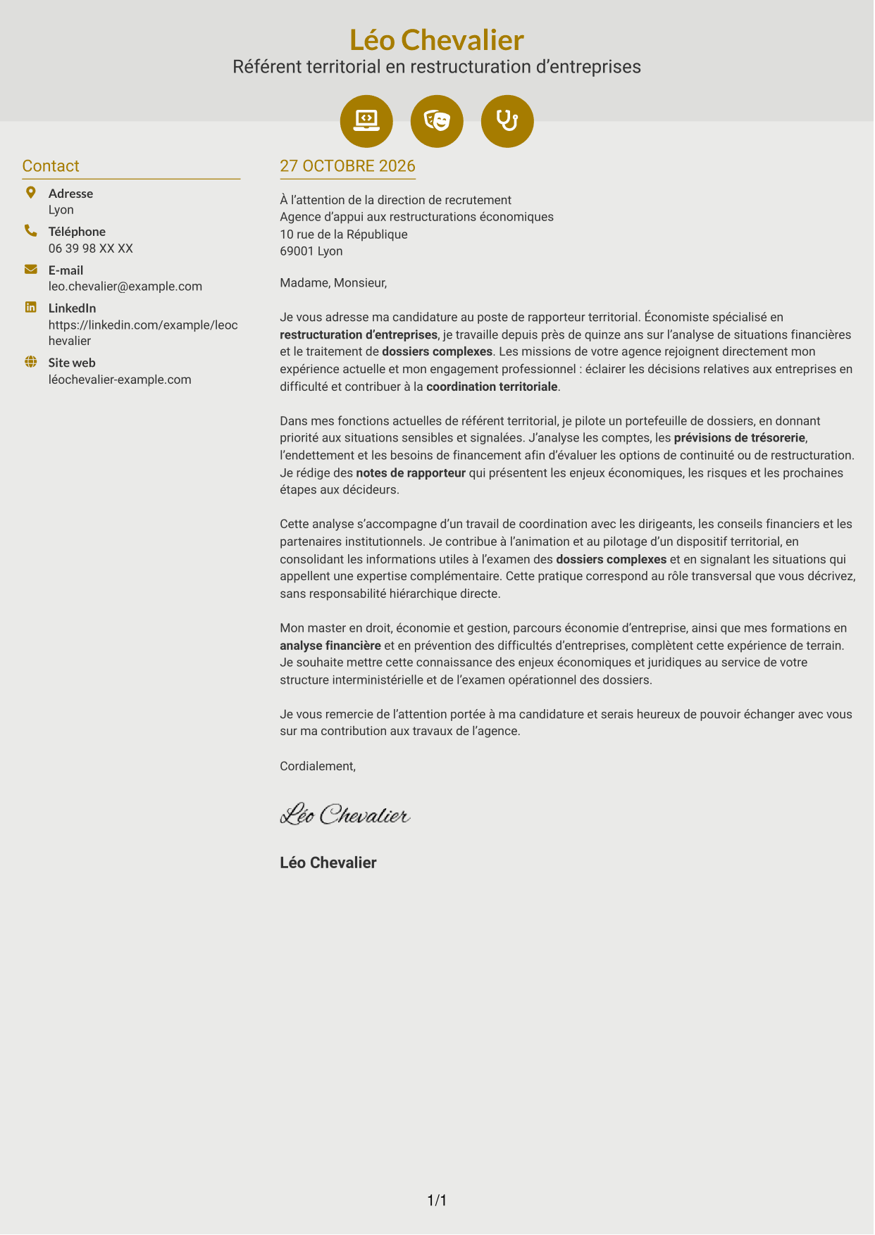 Lettre de motivation Dynamique (format à deux colonnes avec icônes) : Rapporteur territorial - Restructuration d’entreprises, page 1