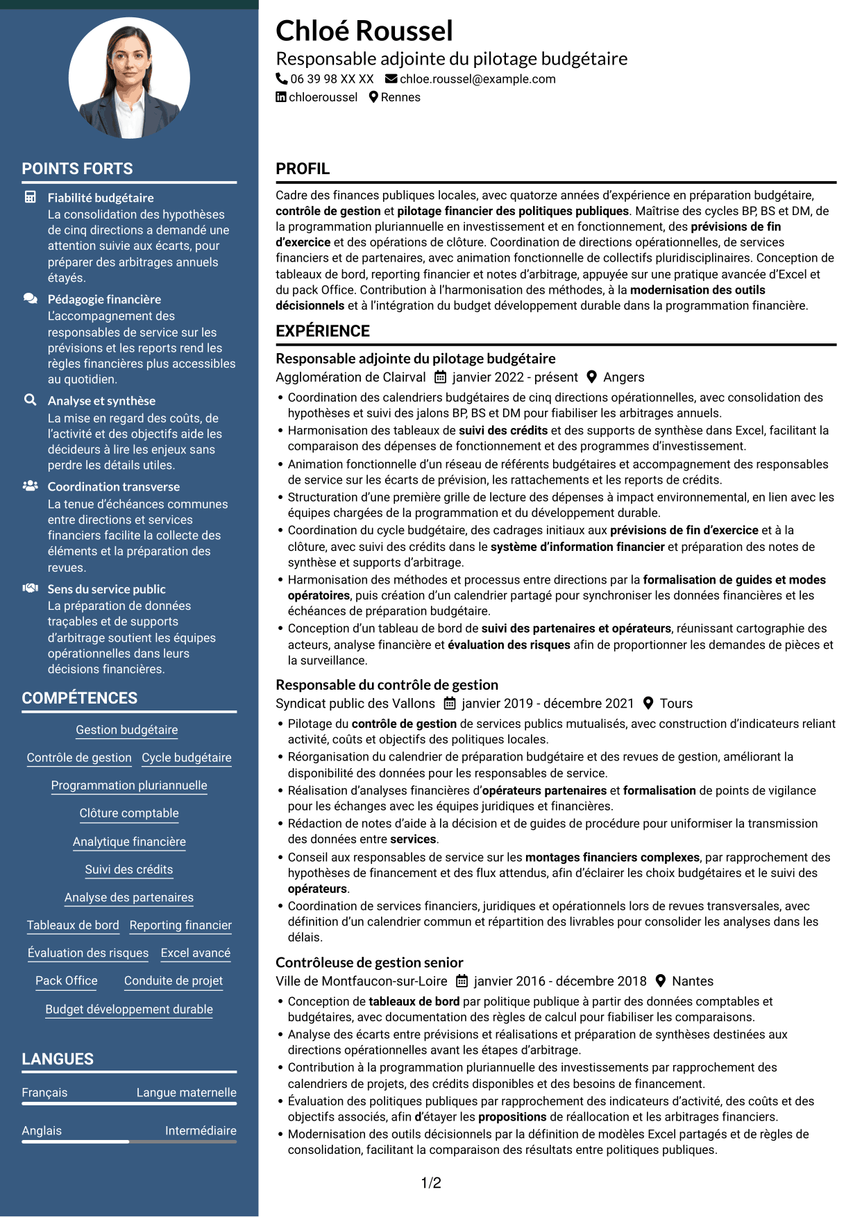 CV Élégant (format à colonne latérale colorée avec photo) : Responsable adjoint du pôle budget et contrôle de gestion, page 1