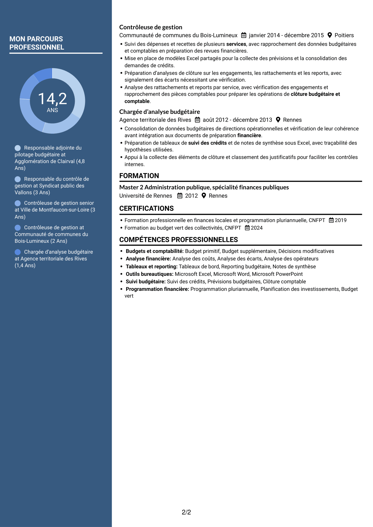 CV Élégant (format à colonne latérale colorée avec photo) : Responsable adjoint du pôle budget et contrôle de gestion, page 2