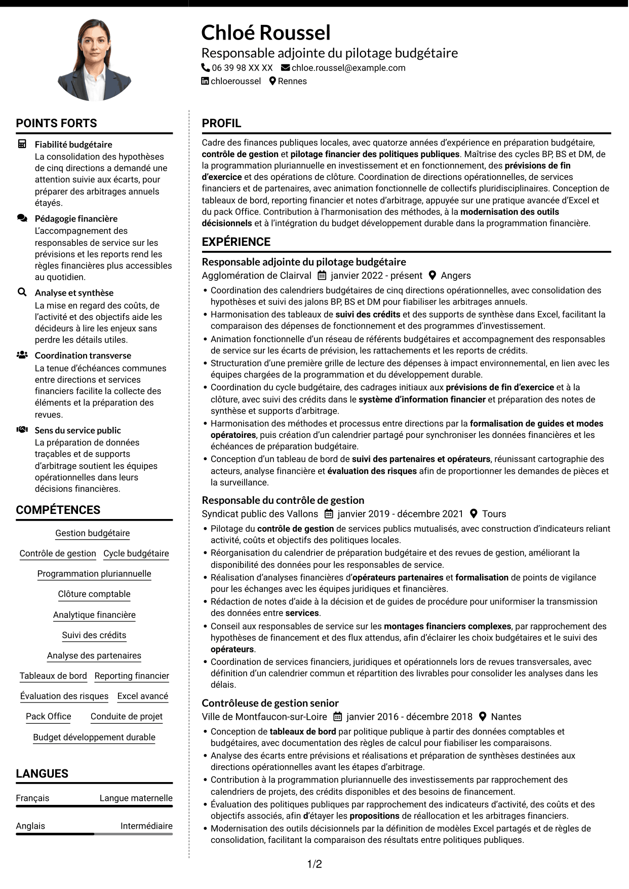 CV Moderne (format à deux colonnes avec photo à gauche et séparateur) : Responsable adjoint du pôle budget et contrôle de gestion, page 1
