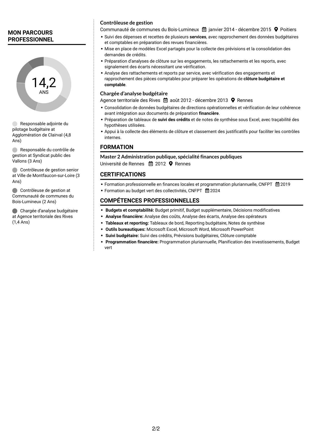 CV Moderne (format à deux colonnes avec photo à gauche et séparateur) : Responsable adjoint du pôle budget et contrôle de gestion, page 2