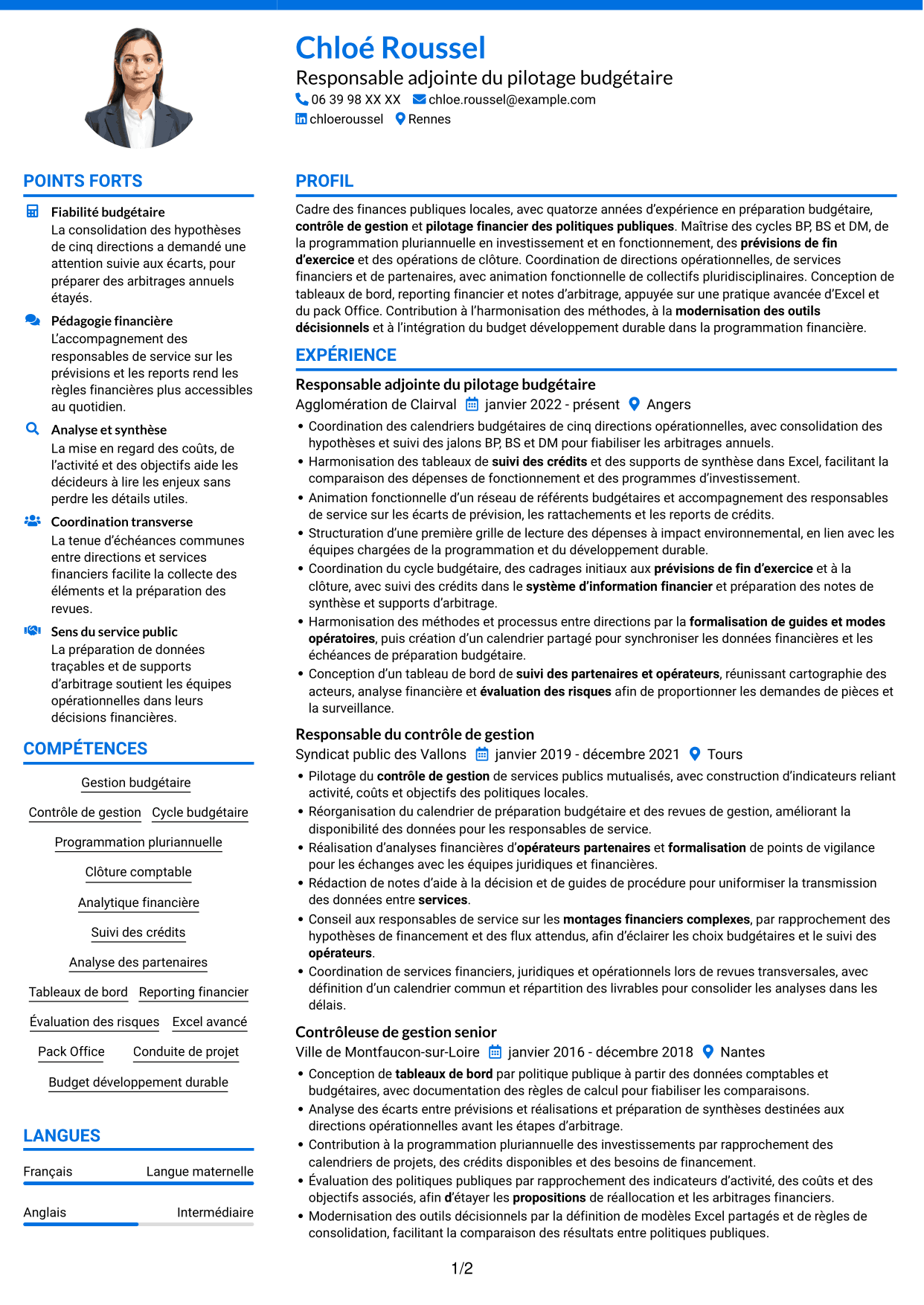 CV Audacieux (format à deux colonnes avec accents colorés et photo) : Responsable adjoint du pôle budget et contrôle de gestion, page 1