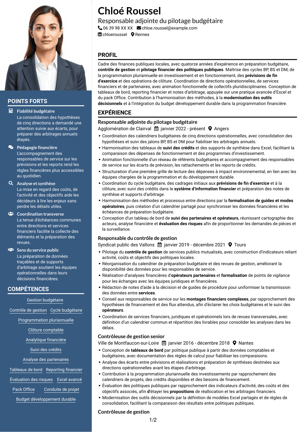 CV Signature (format à colonne latérale colorée avec grande photo) : Responsable adjoint du pôle budget et contrôle de gestion, page 1