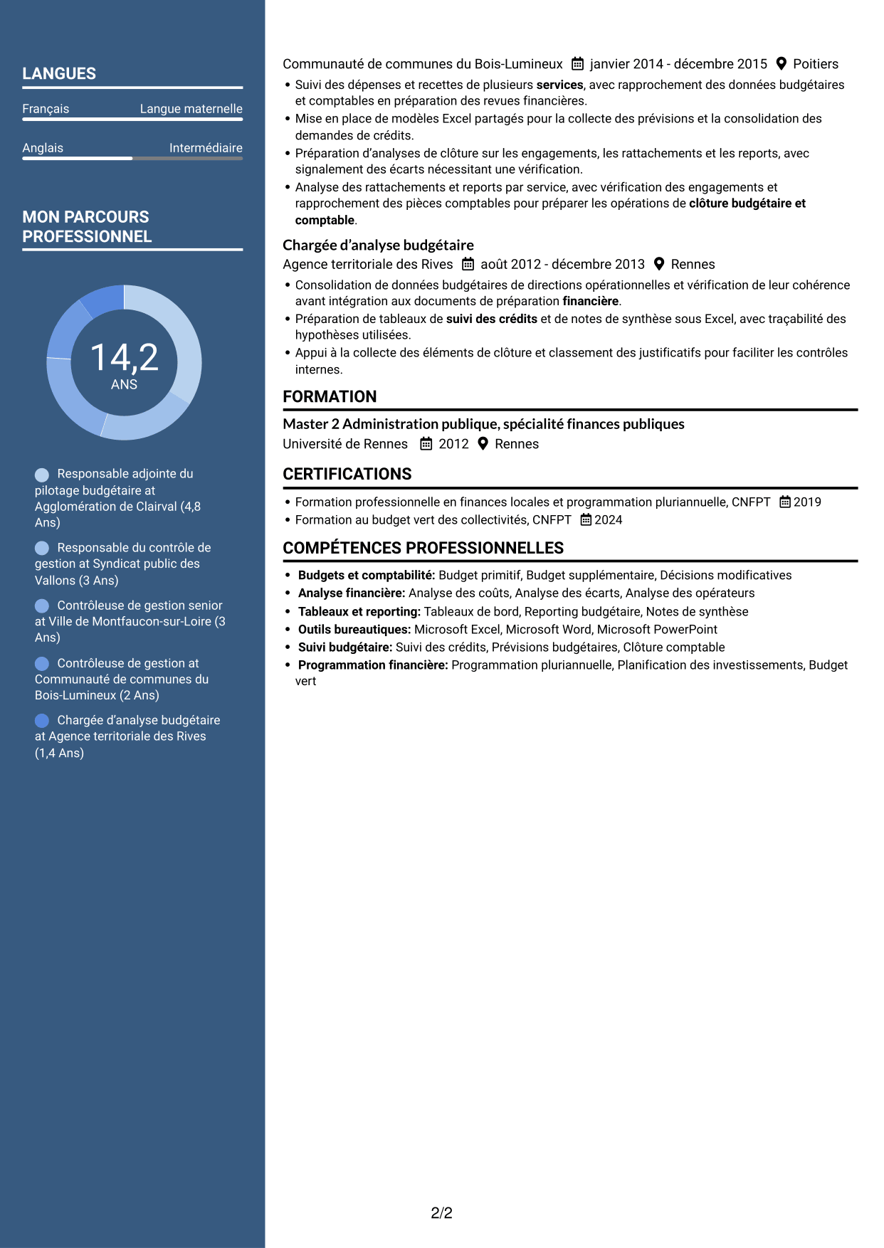 CV Signature (format à colonne latérale colorée avec grande photo) : Responsable adjoint du pôle budget et contrôle de gestion, page 2