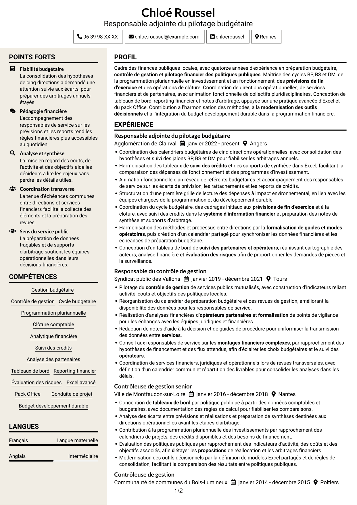 CV Fonceur (format à deux colonnes avec en-tête centré sans photo) : Responsable adjoint du pôle budget et contrôle de gestion, page 1